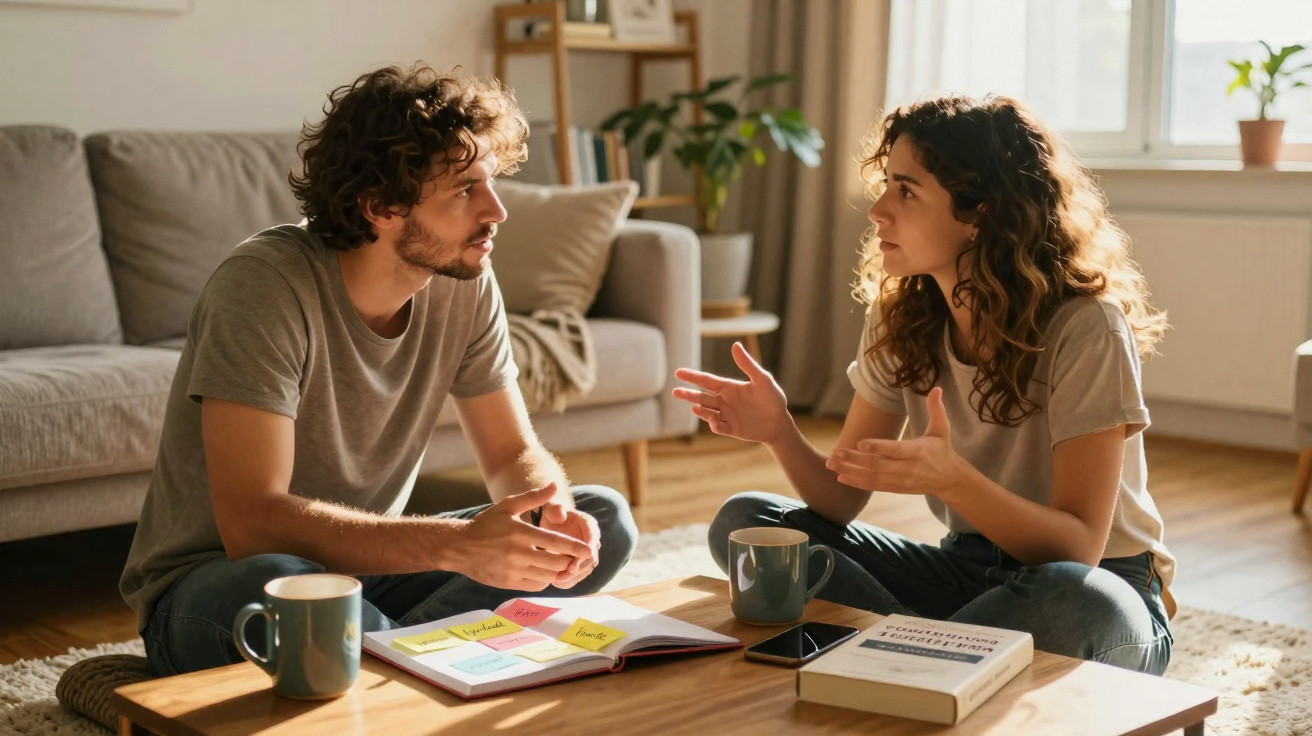 Homem e mulher sentados no chão a conversar, com livros e canecas numa mesa de madeira à frente.