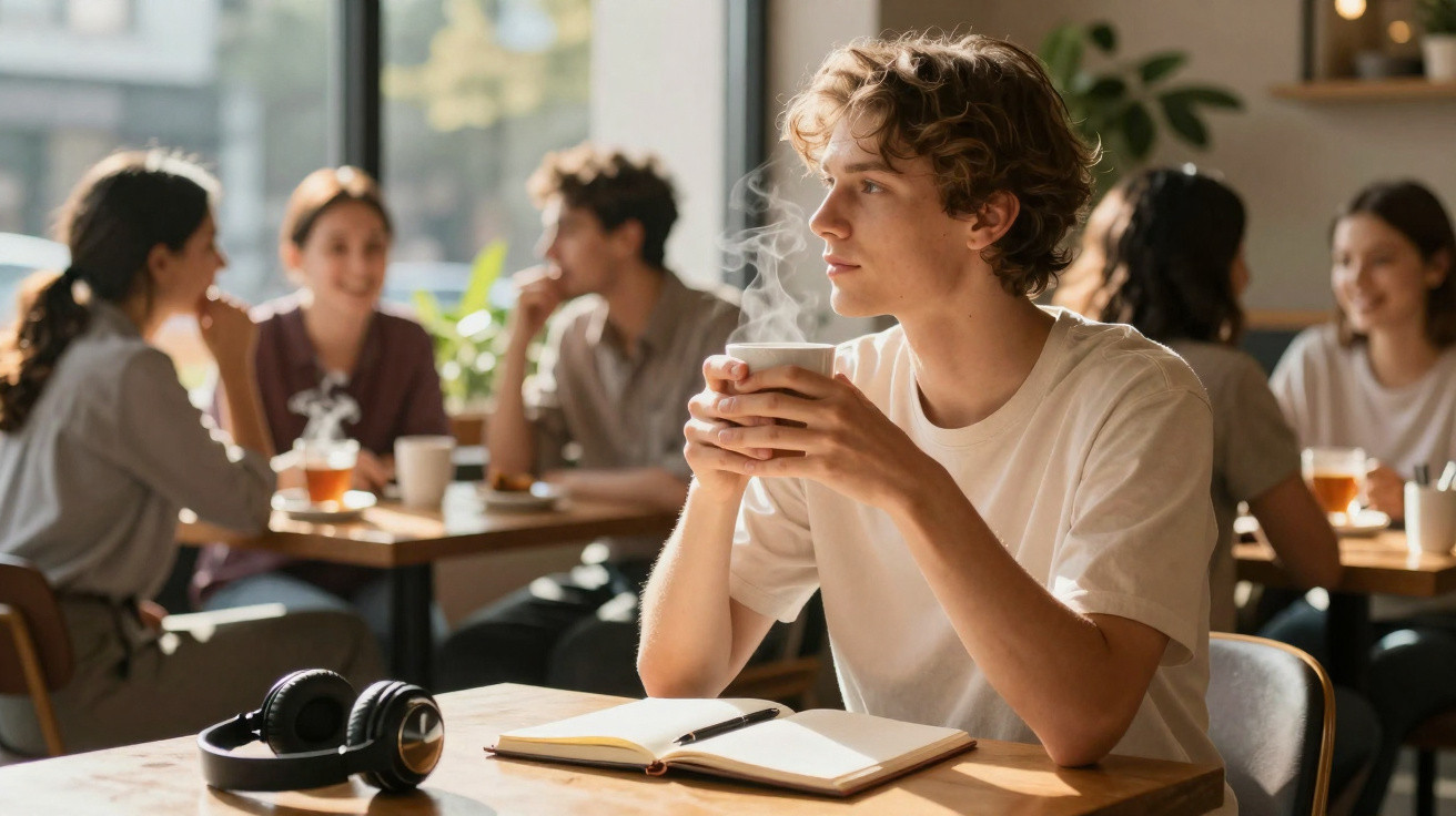 Jovem sentado numa cafetaria, segurando uma chávena quente, com caderno aberto e auscultadores na mesa.