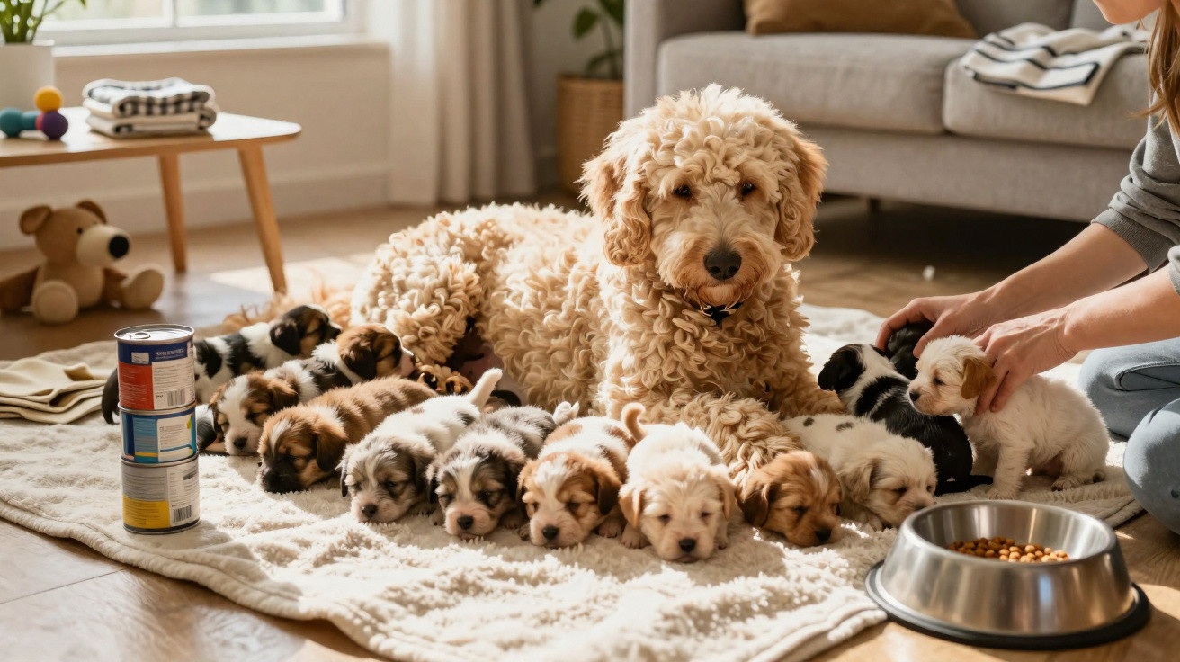 Cão adulto encaracolado com múltiplos cachorros de várias cores deitados numa manta num chão de madeira.