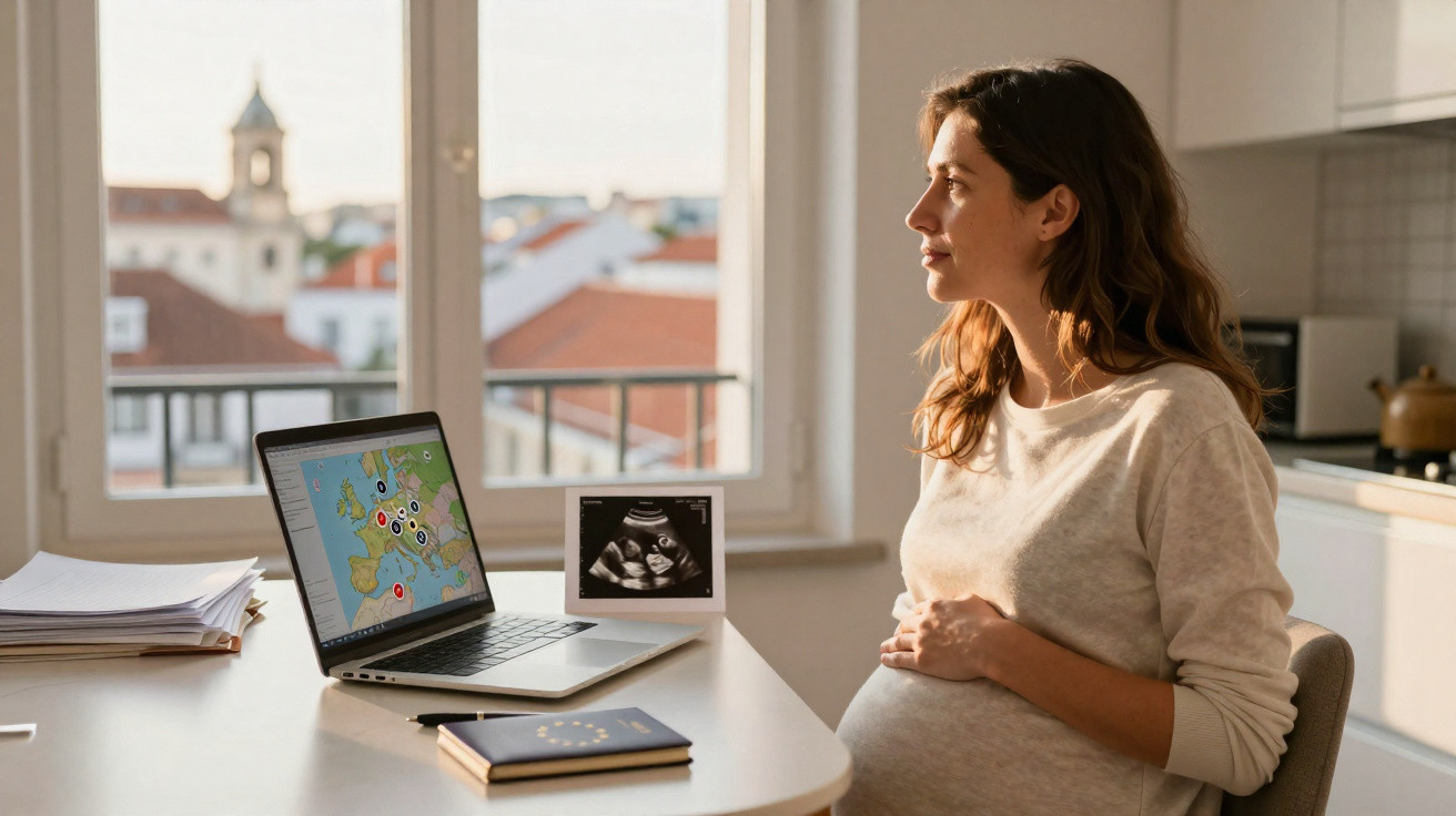 Mulher grávida sentada numa cozinha, a olhar pela janela com ultrassom e computador à sua frente.