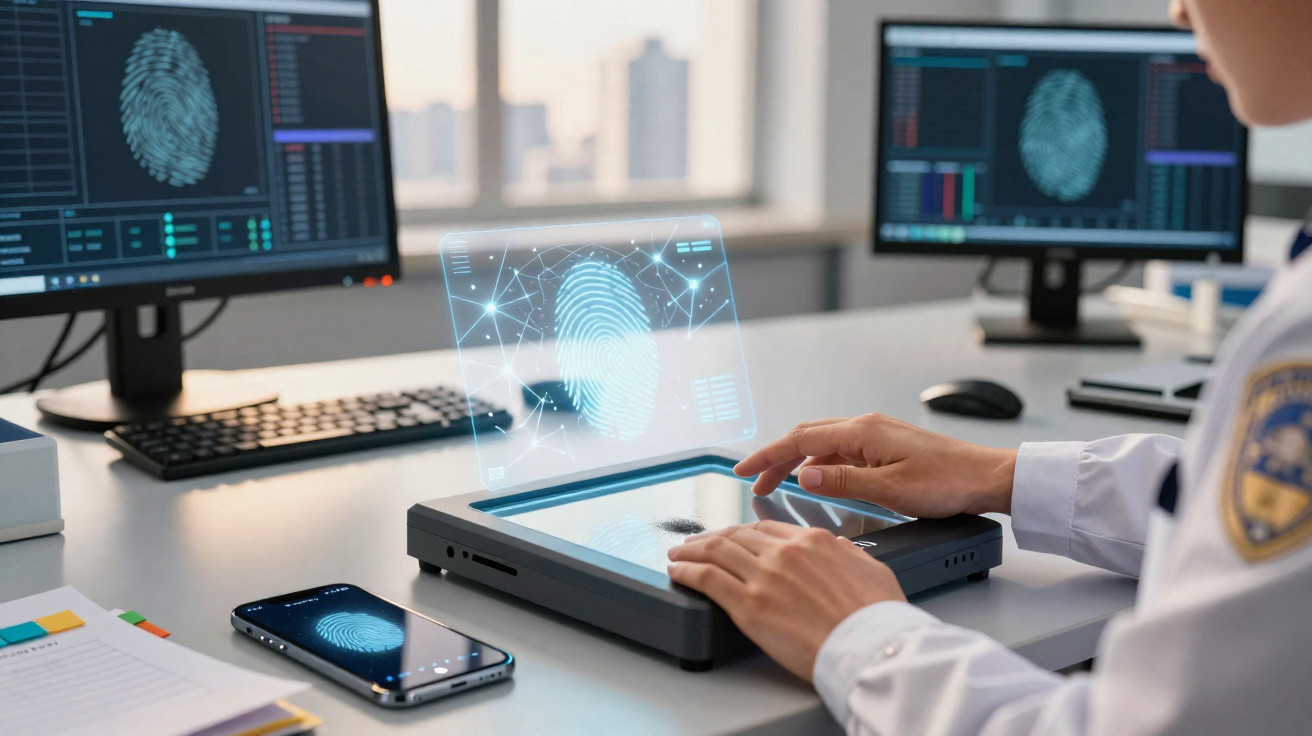 Pessoa a analisar uma impressora digital e digitalizar uma impressão digital numa estação de trabalho.