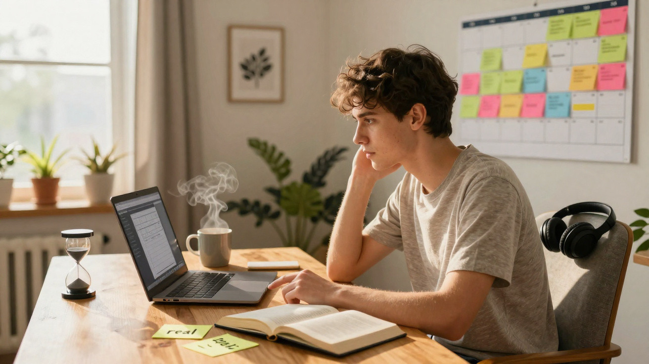 Jovem a estudar em casa, sentado à mesa com computador, livro aberto, post-its e chá quente a vaporizar.