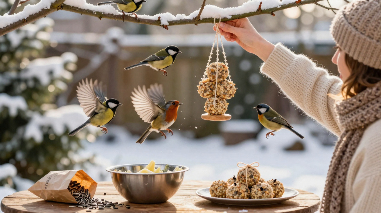 Pessoa alimenta aves com bolas de sementes penduradas numa árvore, com neve no ambiente e mesa de madeira.