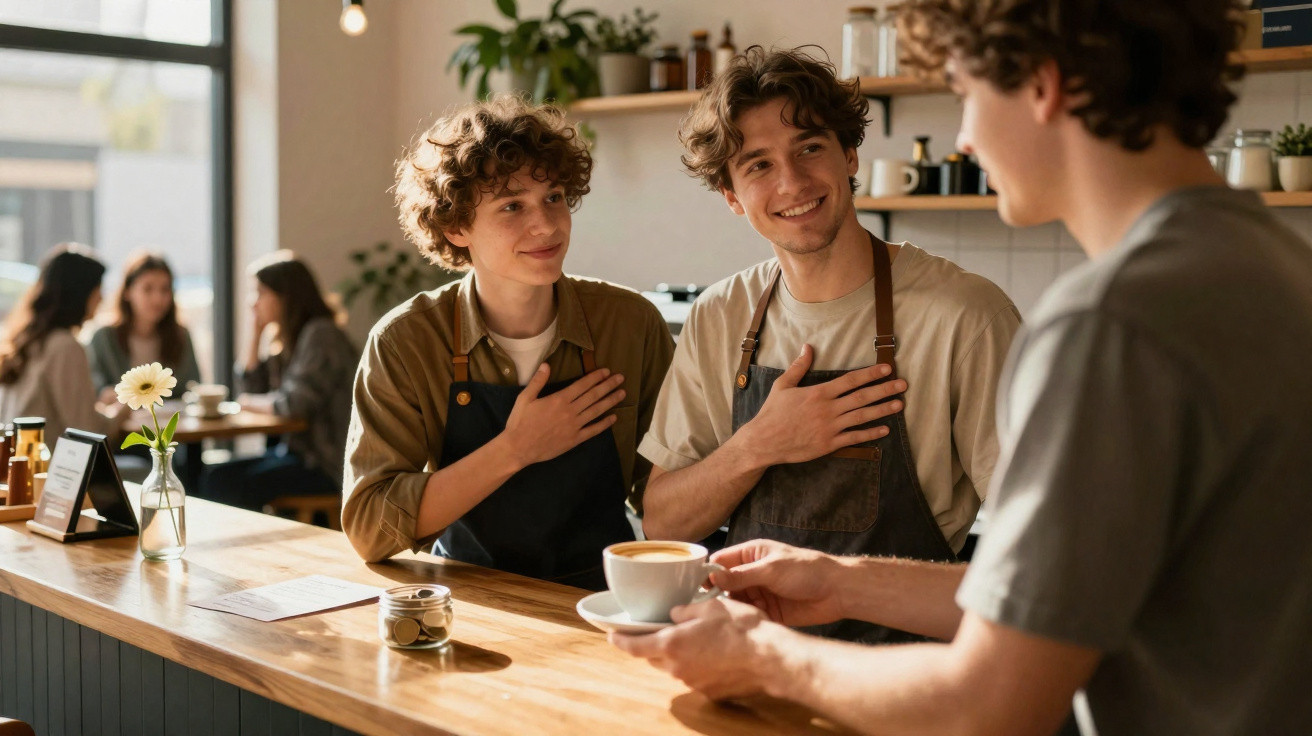 Dois jovens com aventais agradecem a um cliente que lhes entrega uma chávena de café num café acolhedor.