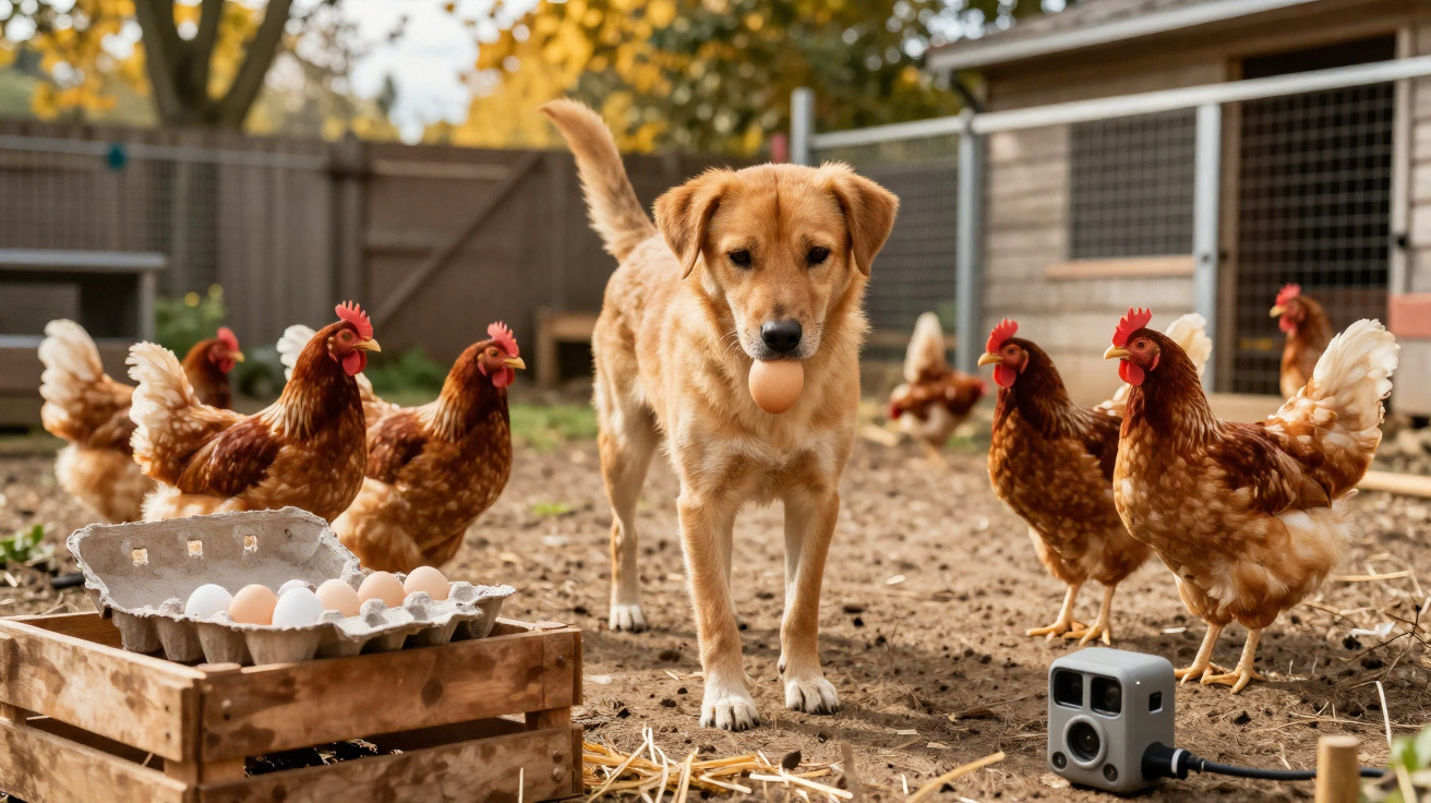 Cão dourado segurando um ovo na boca rodeado por galinhas num galinheiro com caixa de ovos.