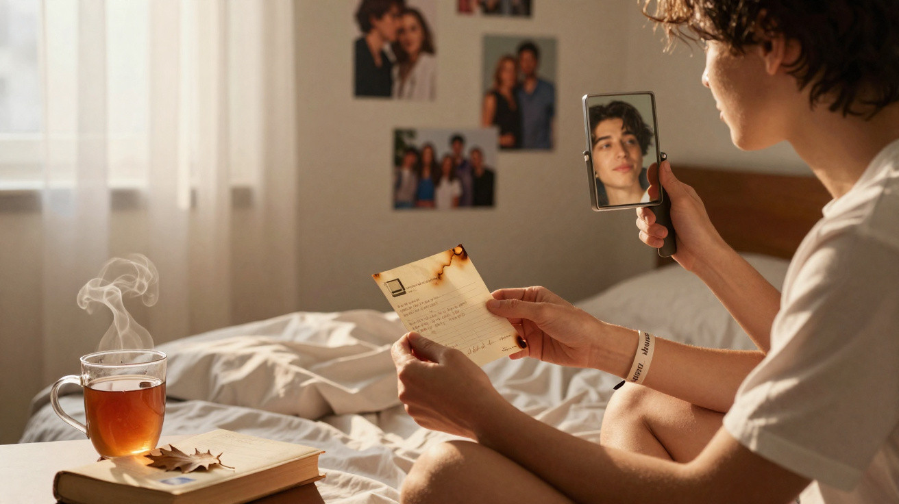 Jovem sentado na cama a ler carta que segura enquanto olha o seu reflexo num espelho de mão.