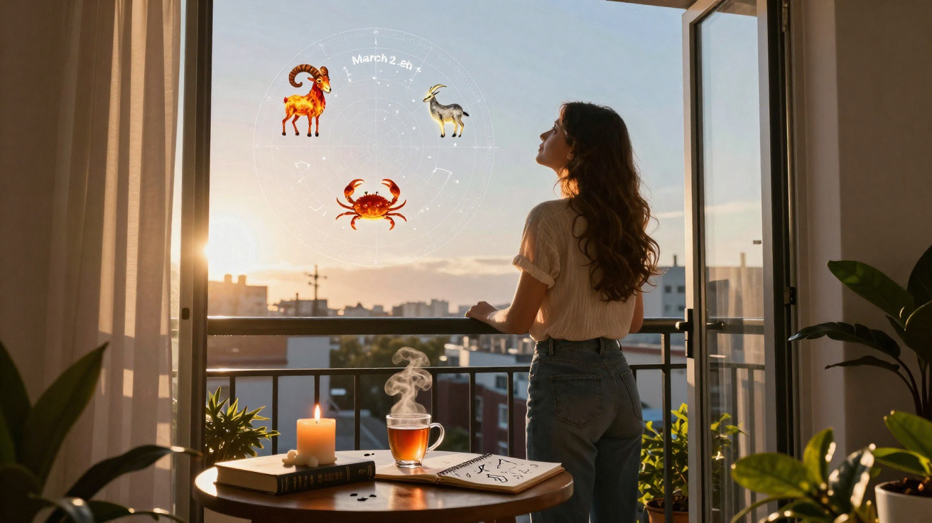 Mulher observa signos do zodíaco no céu ao pôr do sol numa varanda com chá e velas numa mesa.