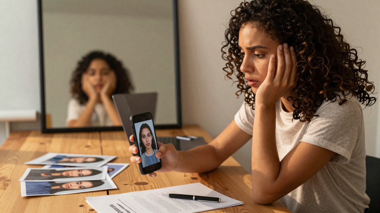 Mulher séria com telefone na mão, a olhar para vídeo de entrevista, sentada à mesa com currículos espalhados.