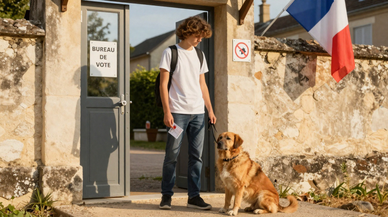 Jovem com mochila e cédula na mão junto a cão sentado à entrada de local de voto em França.