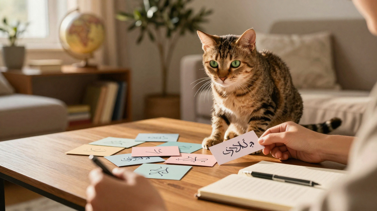 Gato castanho com olhos verdes em cima de mesa com notas coloridas e pessoa a segurar cartão com escrita árabe.