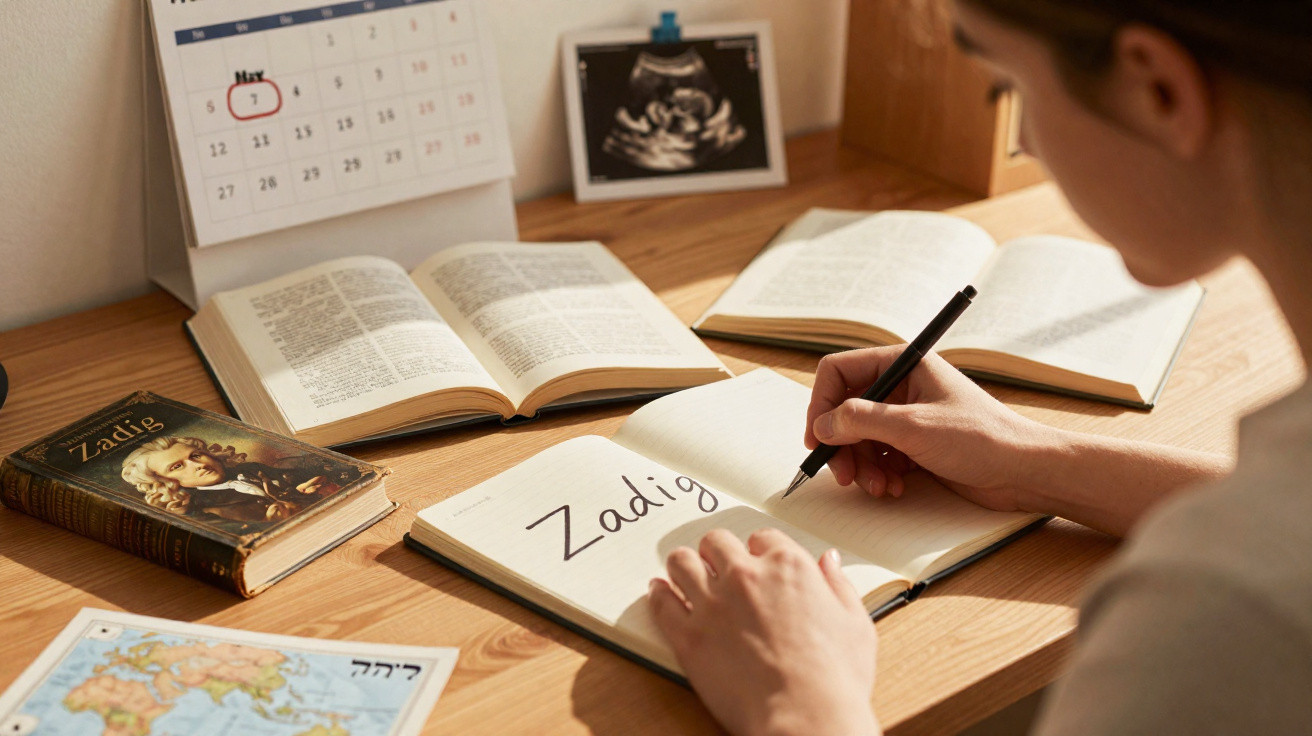 Pessoa a escrever "Zadig" num caderno com livros, calendário e ecografia numa secretária de madeira.