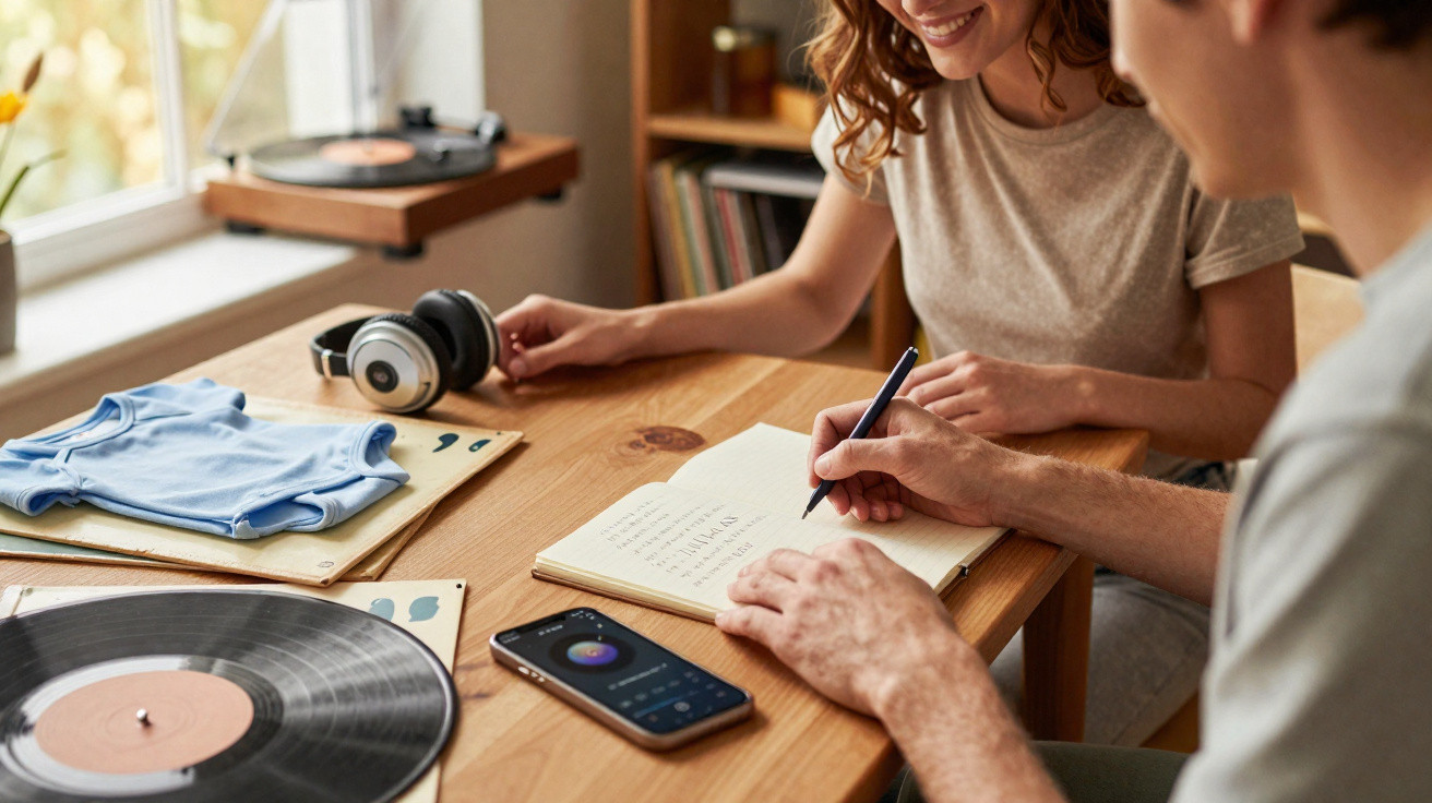 Casal sentados à mesa a fazer planos num caderno, com discos de vinil, auscultadores e smartphone à sua frente.