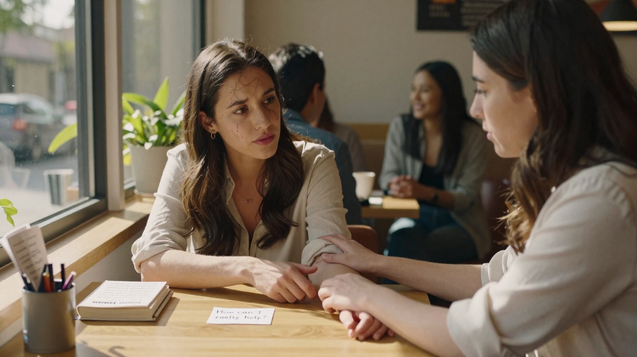 Duas mulheres a conversar numa mesa de café, uma a confortar a outra segurando-lhe o braço.