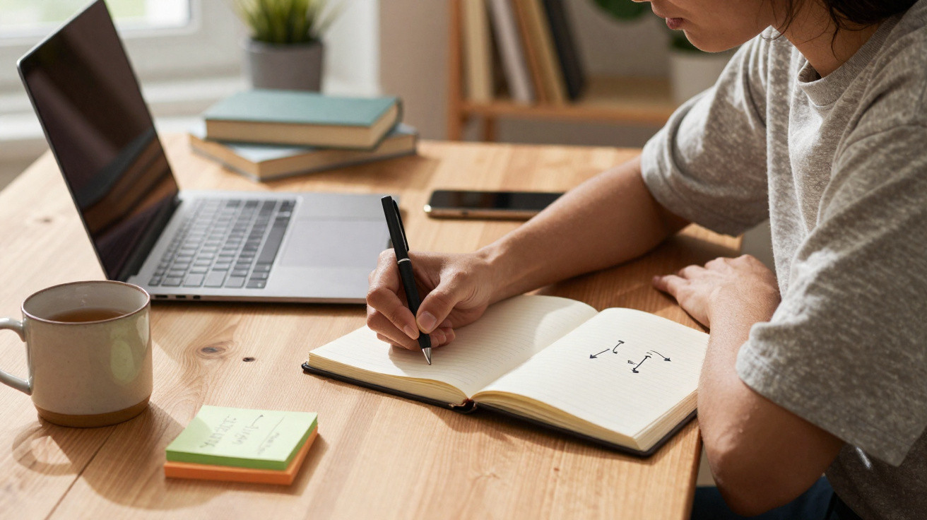 Pessoa a escrever num caderno à mesa com computador portátil, telemóvel e chá numa caneca.