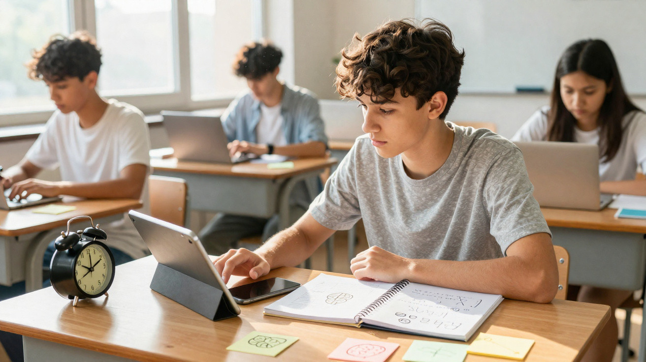 Estudantes sentados em mesas numa sala, usando tablets e laptops para estudar.