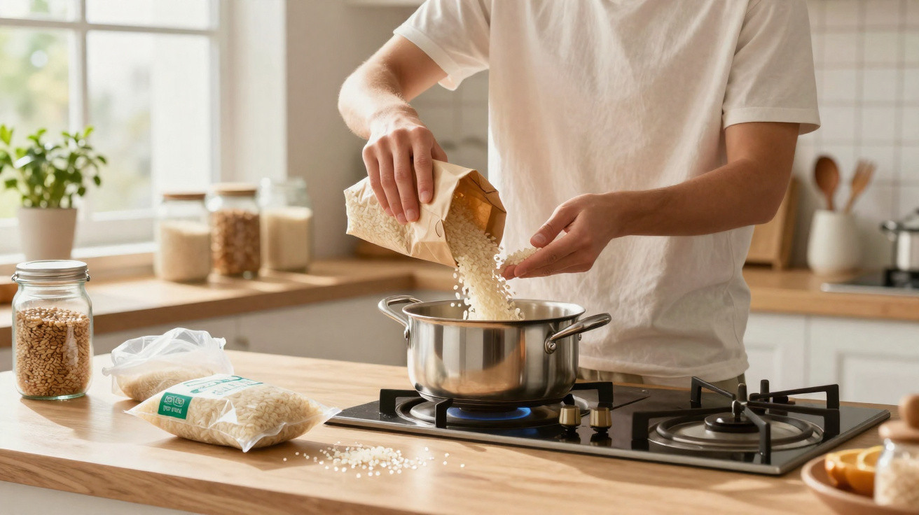 Pessoa a cozinhar arroz num fogão a gás numa cozinha moderna com pacotes de arroz na bancada.