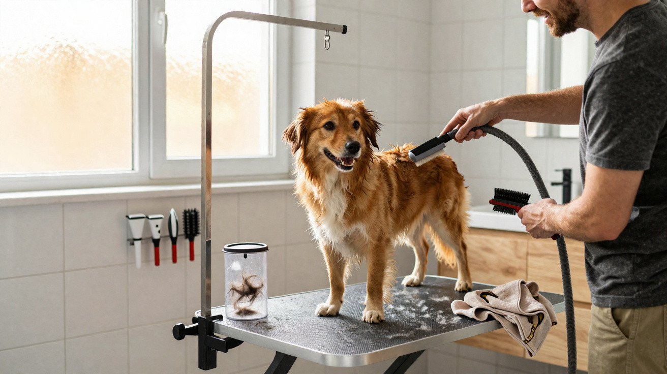 Homem penteia cão castanho numa mesa de higiene canina dentro de casa de banho iluminada.