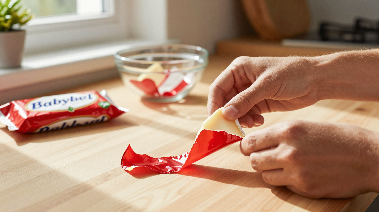 Mãos a desembrulhar queijo Babybel numa mesa de madeira com pacote e taça ao fundo.