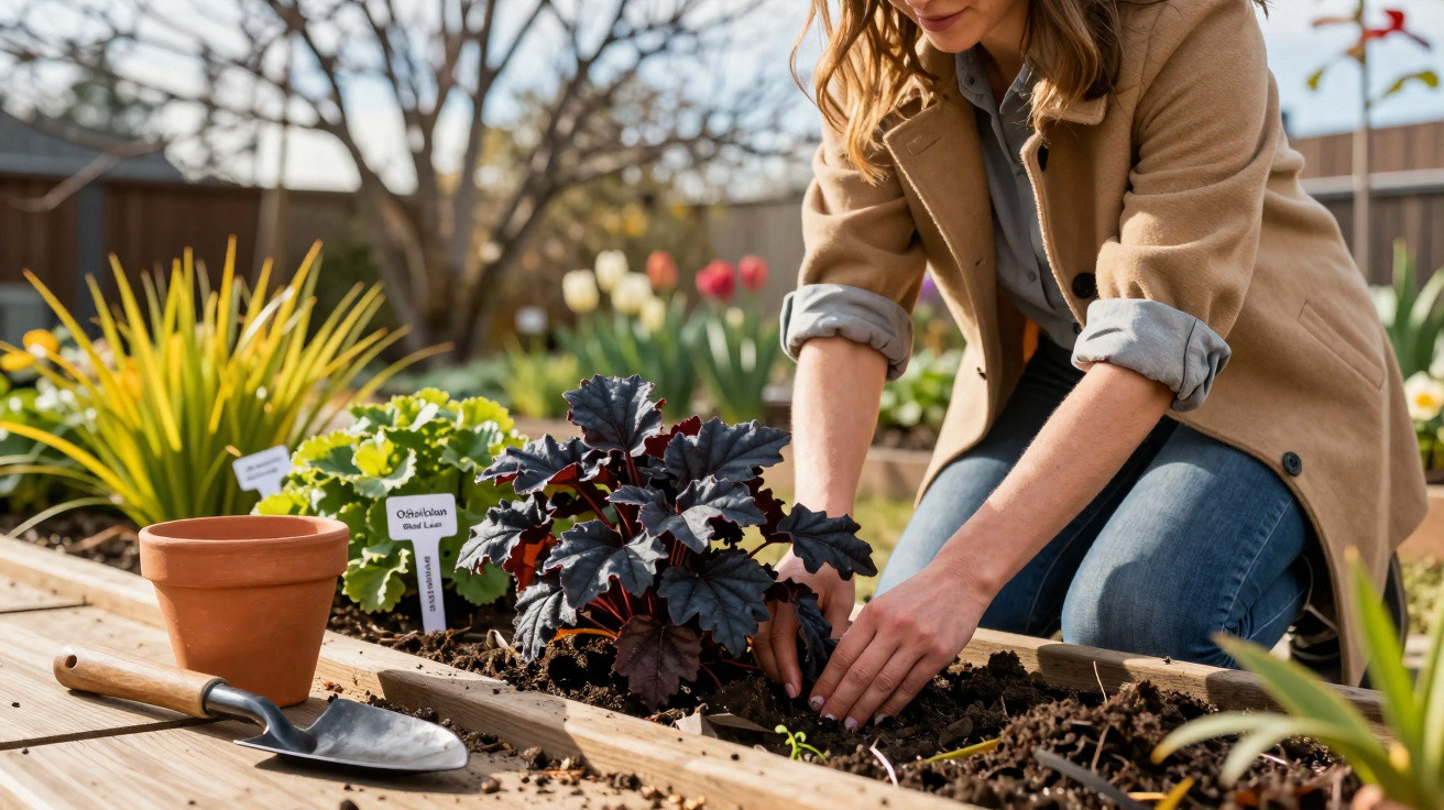 Mulher a plantar flores numa horta urbana com rega e ferramentas de jardinagem ao lado.