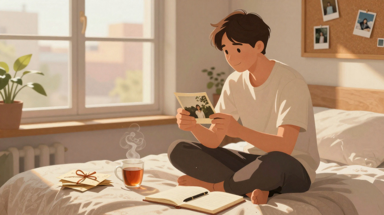 Jovem sentado na cama a olhar uma fotografia, com chá, cartas e caderno à sua frente num quarto iluminado.