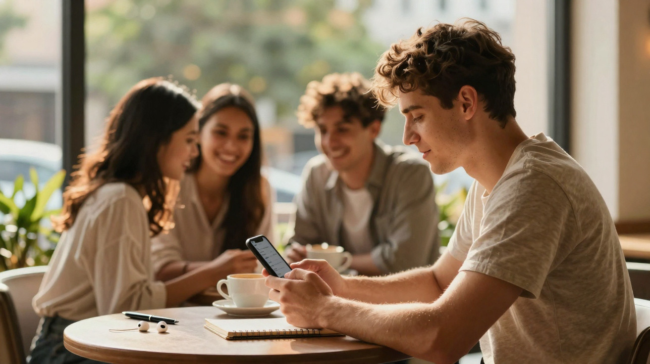 Jovem a usar telemóvel sentado à mesa com caderno, enquanto três amigos conversam ao fundo num café.