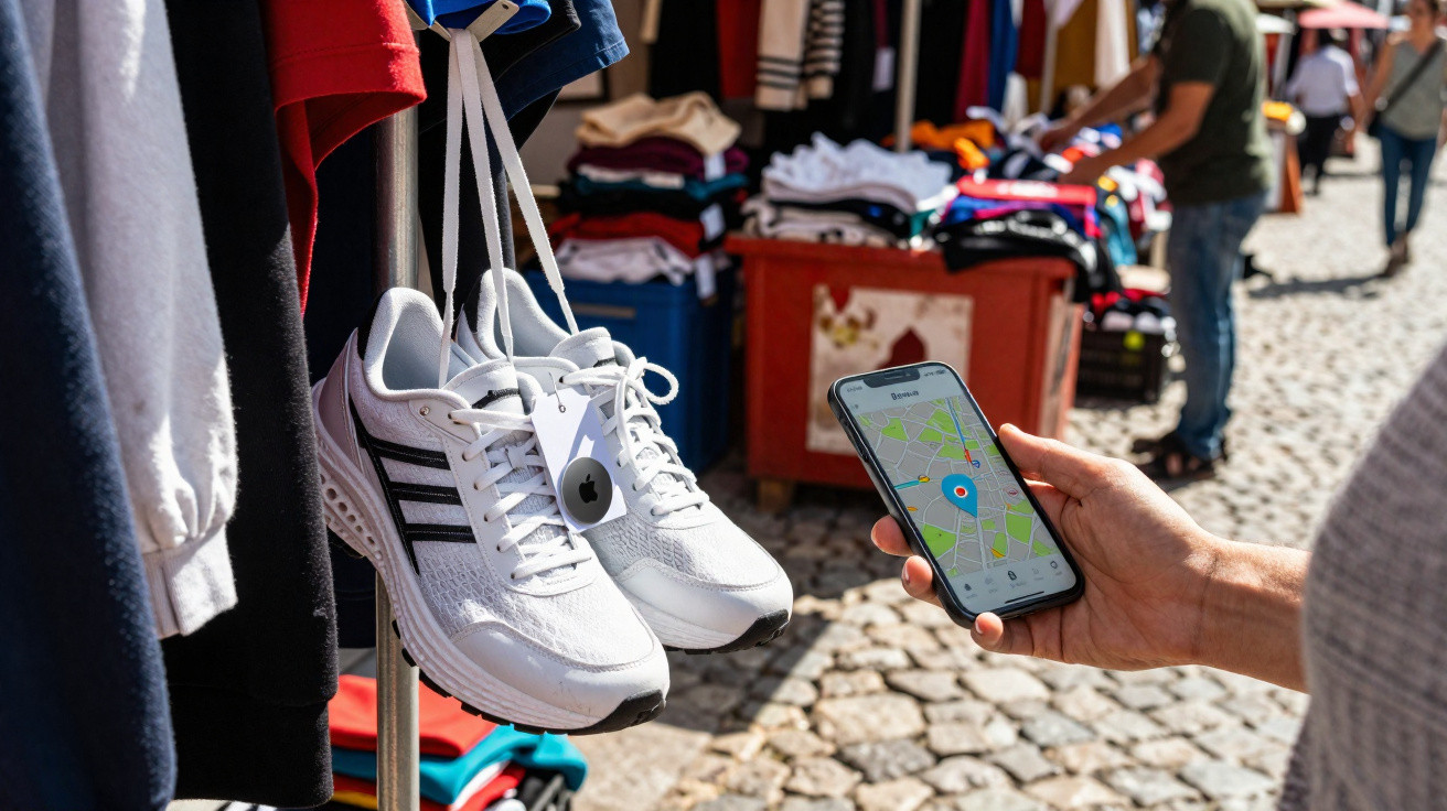 Pessoas a comprar em mercado ao ar livre, com destaque para ténis brancos pendurados e telemóvel com mapa aberto.