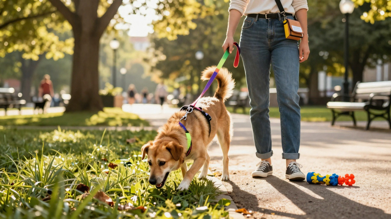 Pessoa a passear com cão de trela num parque, com brinquedos coloridos no chão ao lado.