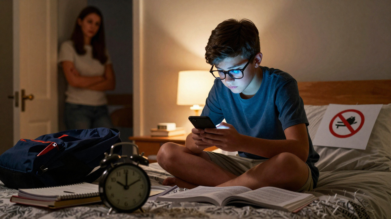 Menino sentado na cama a usar telemóvel à noite, mãe observa preocupada ao fundo, com livros e relógio na frente.