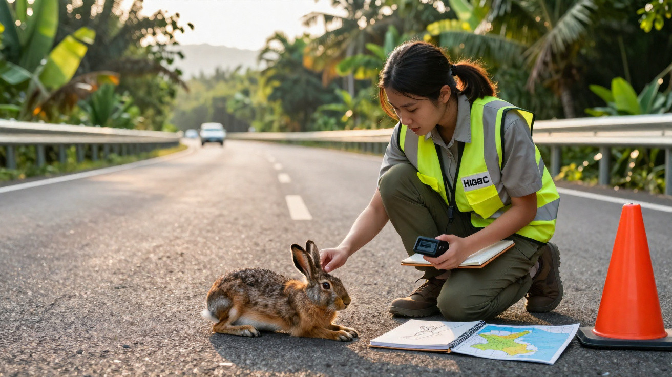Mulher de colete reflector ajuda coelho na estrada com mapas e bloco de notas ao lado, cone de sinalização perto.