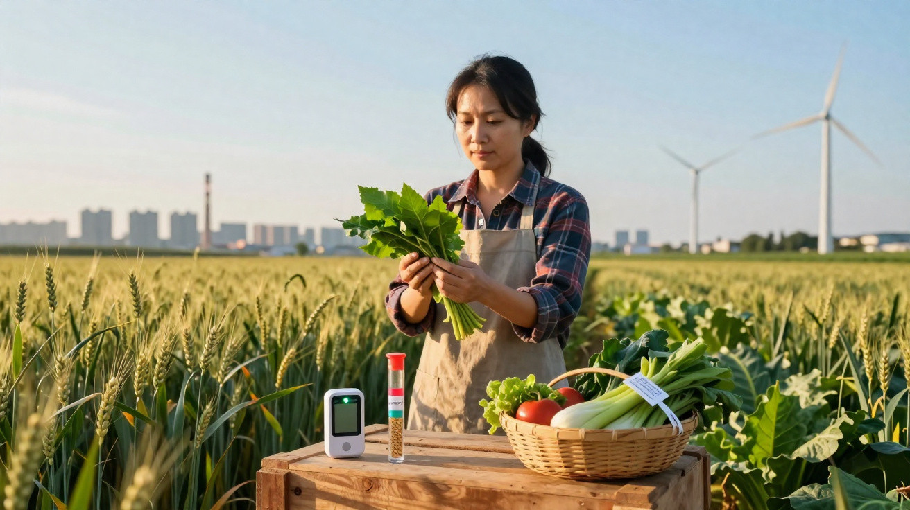 Mulher a analisar vegetais numa plantação com turbinas eólicas ao fundo, ao pôr do sol.