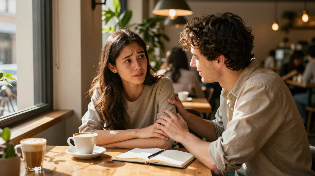 Casal jovem numa conversa séria numa cafetaria, ela com expressão preocupada e ele a confortá-la.