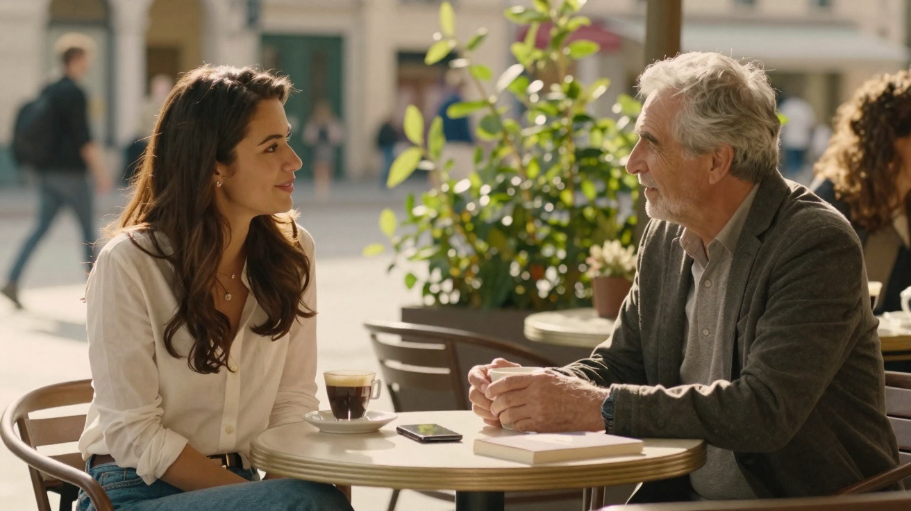 Duas pessoas a conversar sentadas numa esplanada com café e objetos sobre a mesa.