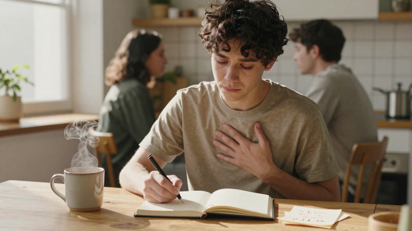 Jovem emociona-se enquanto escreve num caderno, com duas pessoas ao fundo numa cozinha iluminada.