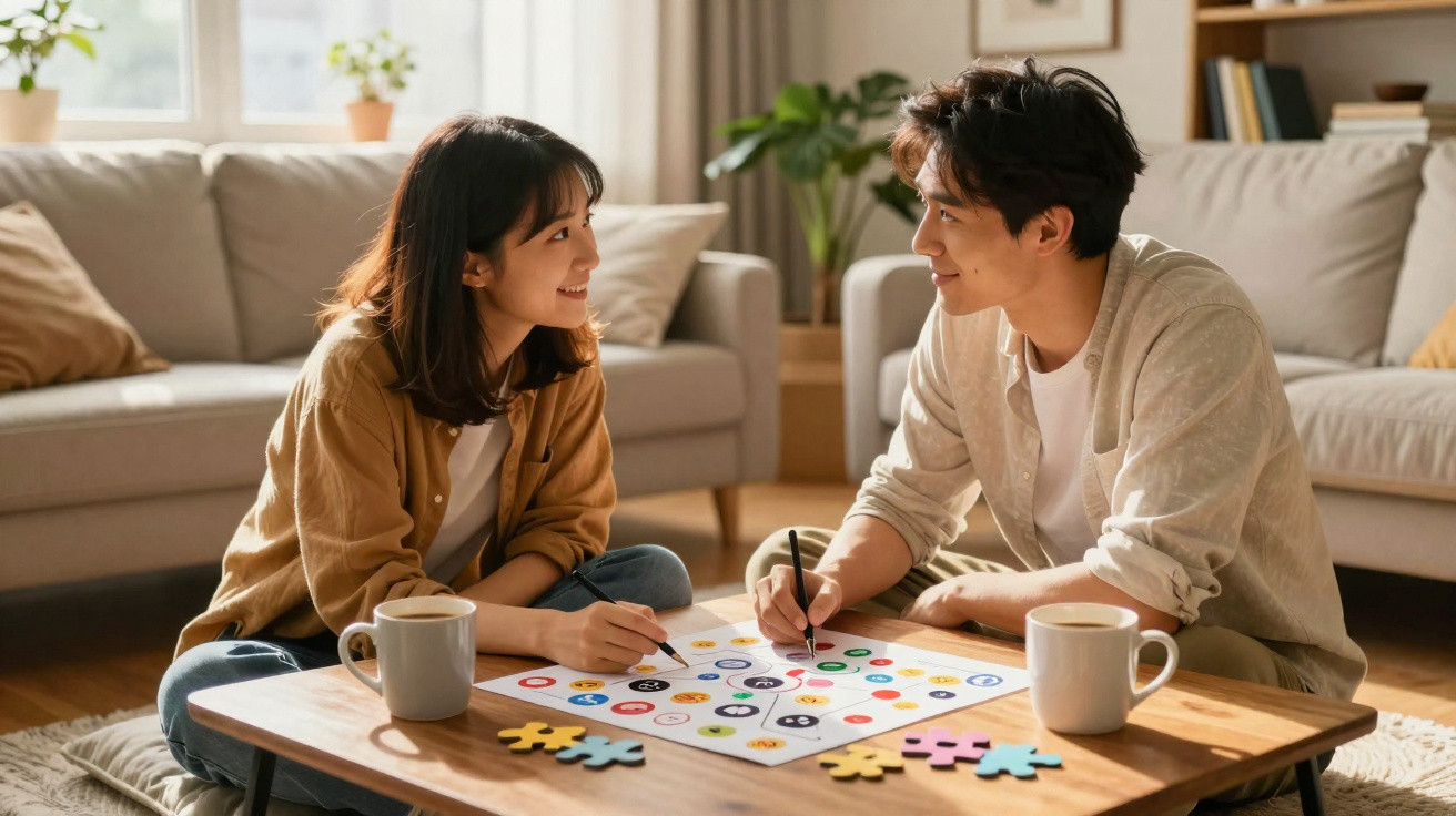 Casal jovem sentado no chão a jogar um jogo de tabuleiro num ambiente acolhedor em casa.