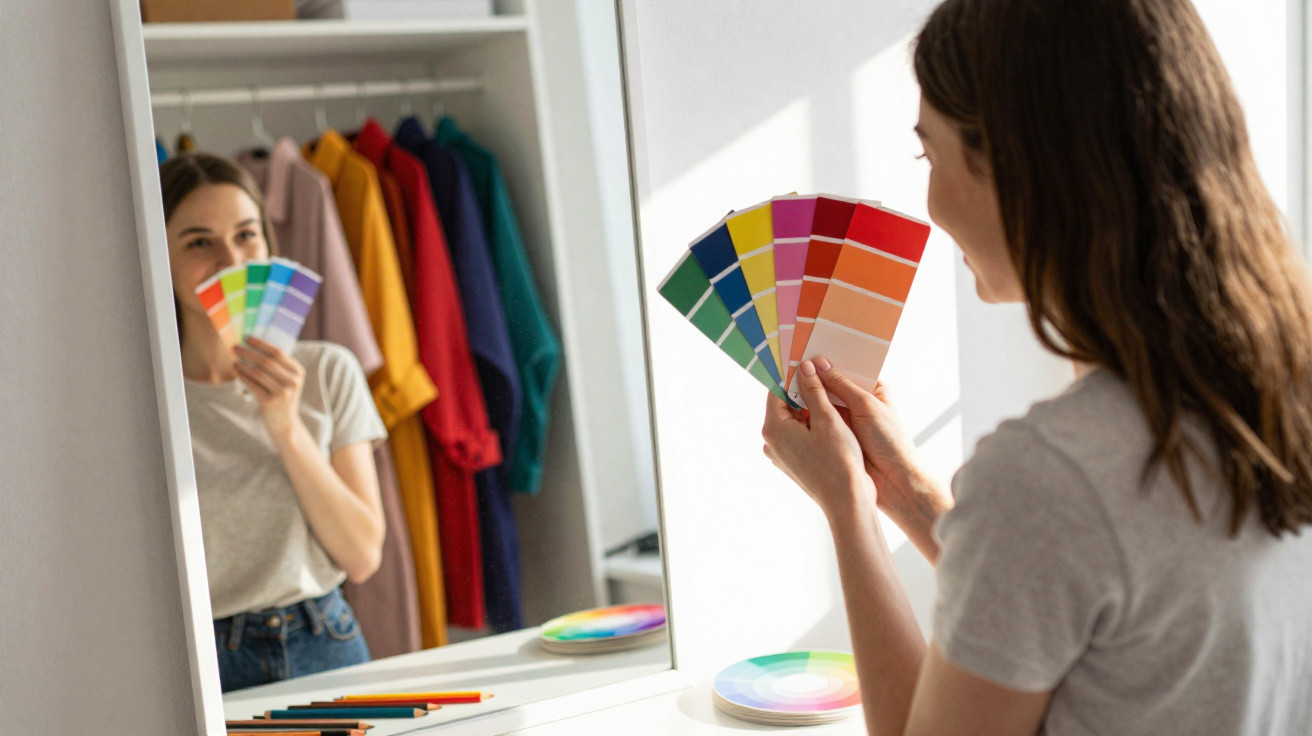 Mulher observa amostras de cores em frente a um espelho com roupas coloridas no fundo.