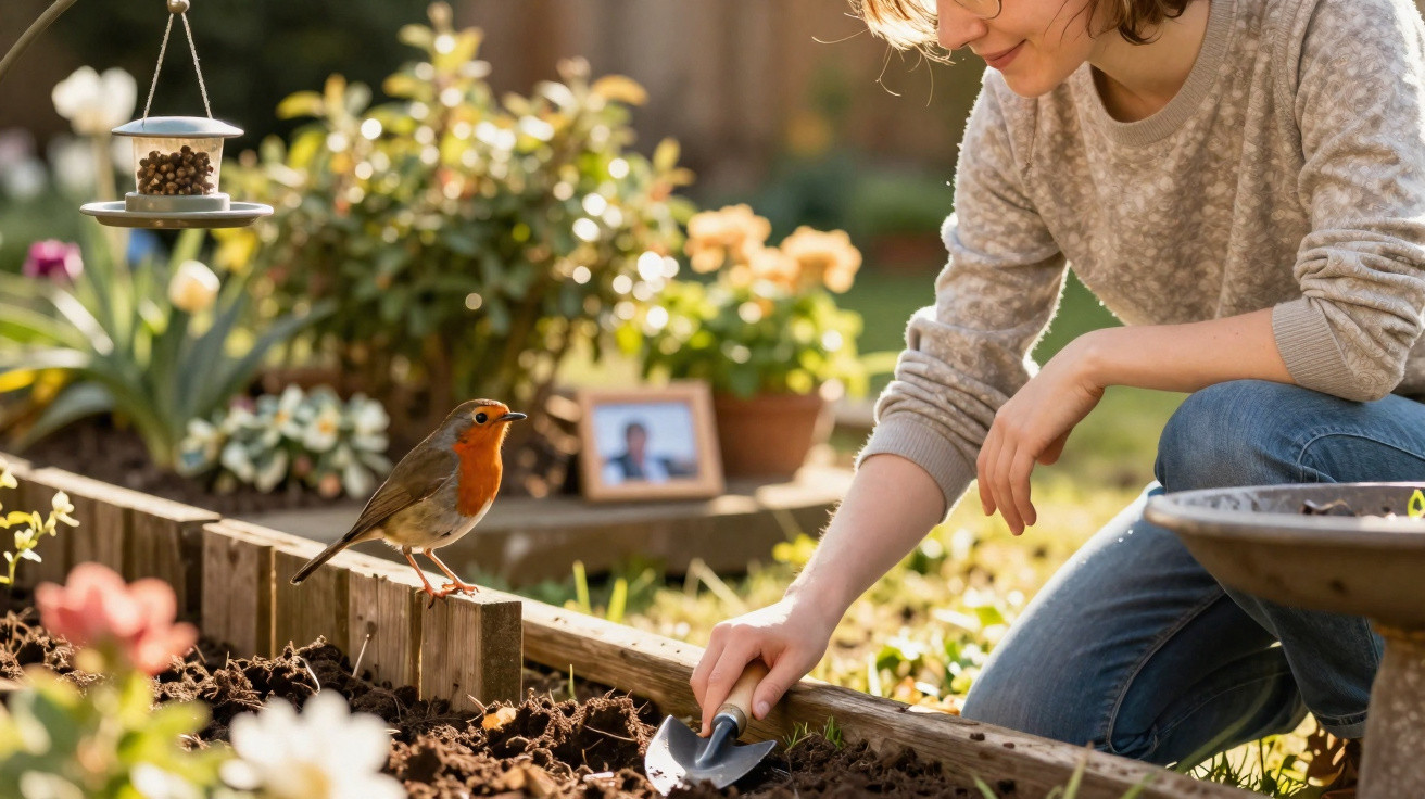 Mulher a jardinar com pá pequena observa um robin pousado na borda do canteiro.