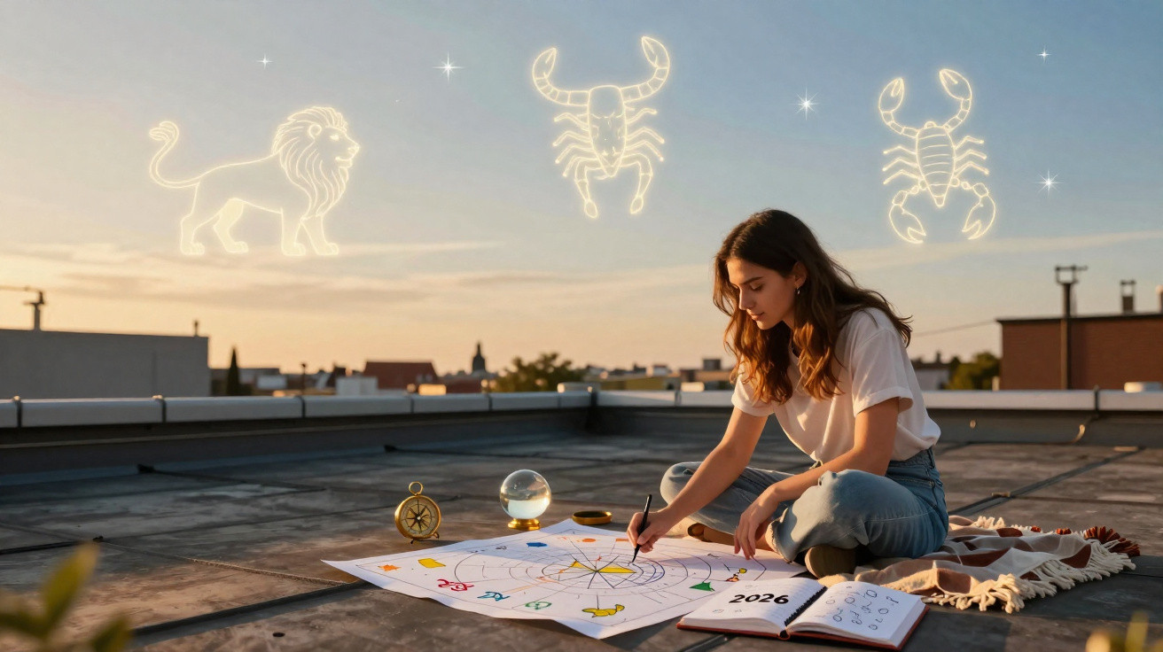 Mulher a estudar mapa astrológico ao ar livre ao pôr do sol, com signos iluminados no céu.