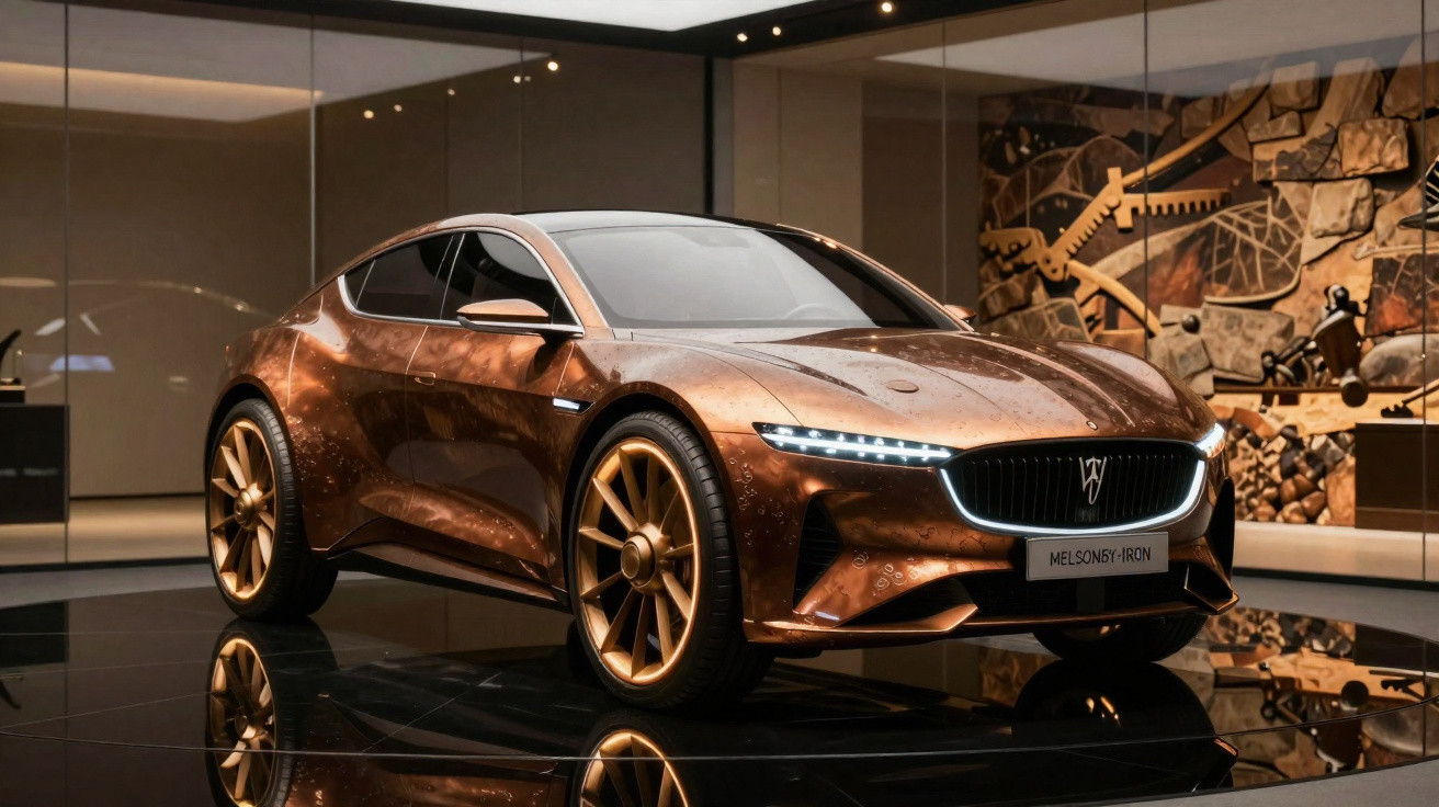 Carro elétrico desportivo Melonsdy Iron bronze exposto num showroom moderno e elegante.