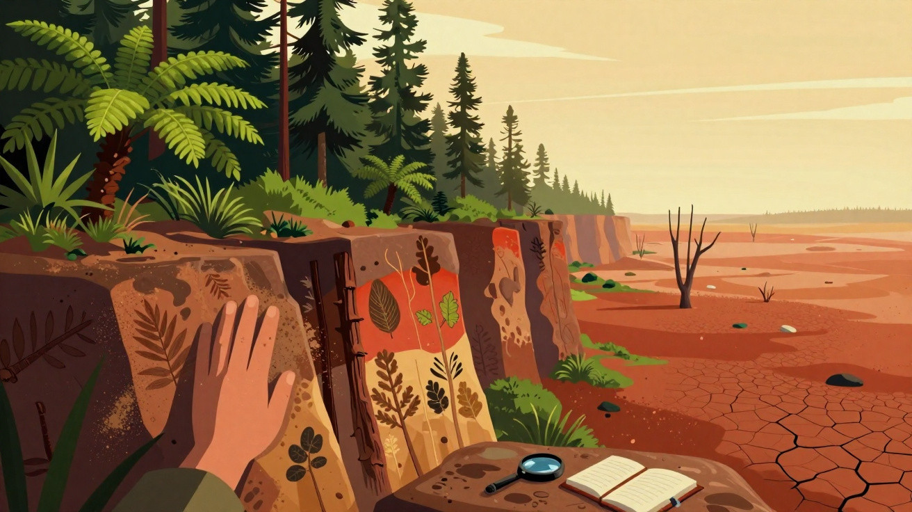 Cenário de floresta com pegadas em terra seca, lupa, caderno aberto e mão a tocar rocha gravada com folhas.
