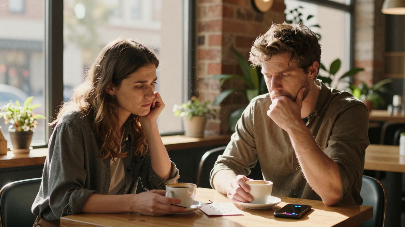 Casal com expressão preocupada sentado à mesa de café, ambos segurando chávenas de café.