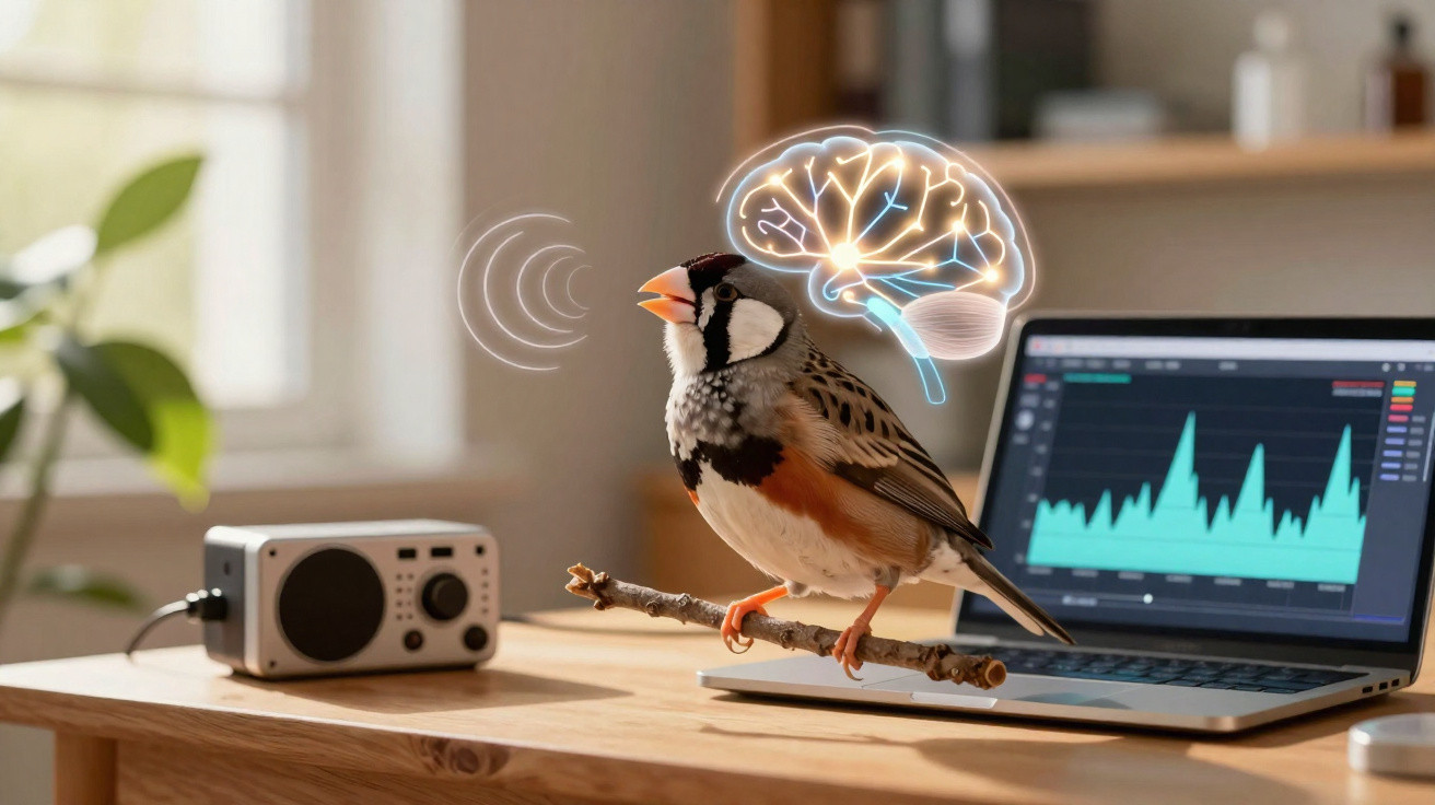 Pássaro numa mesa com ilustração de cérebro e ondas sonoras, rádio e computador com gráfico visíveis.