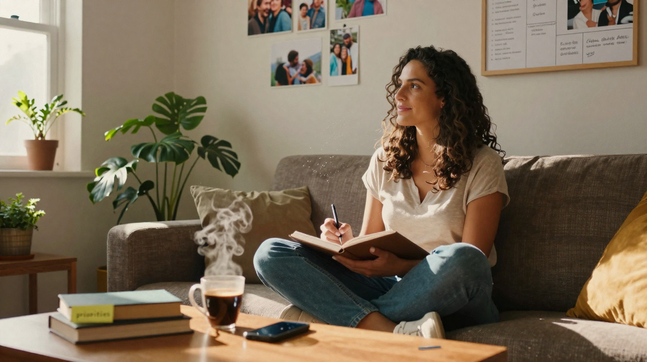 Mulher sentada no sofá, a escrever num caderno, com chá quente e livros numa mesa à frente, em ambiente acolhedor.