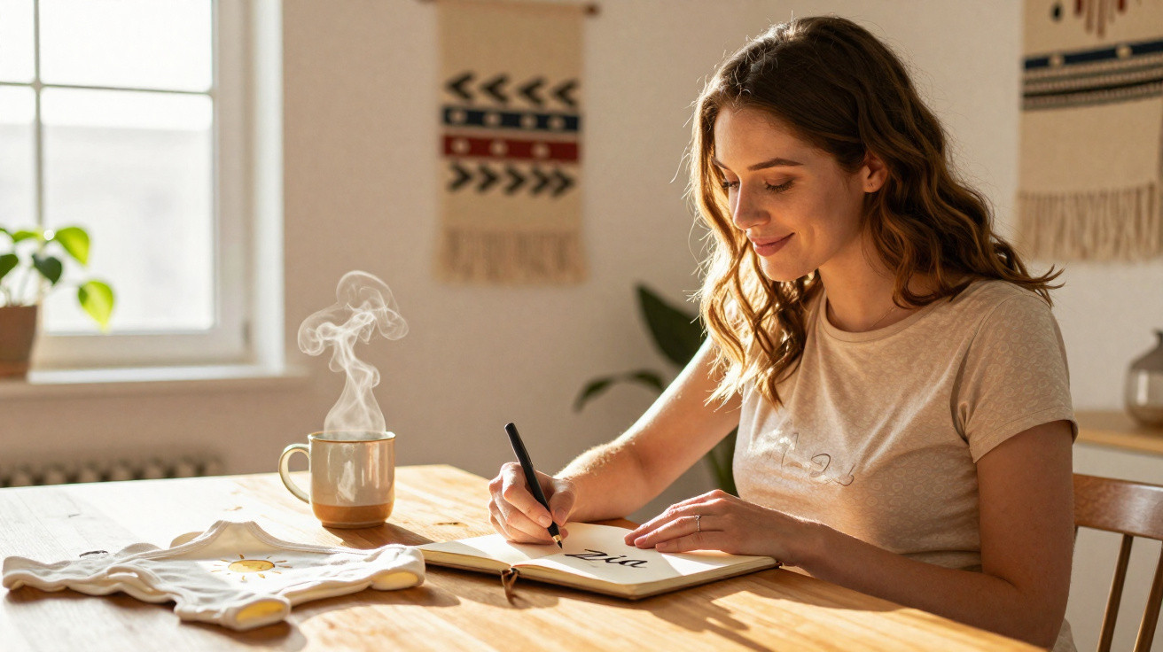 Mulher sentada à mesa, escrevendo num caderno, com caneca fumegante ao lado e roupa estendida.