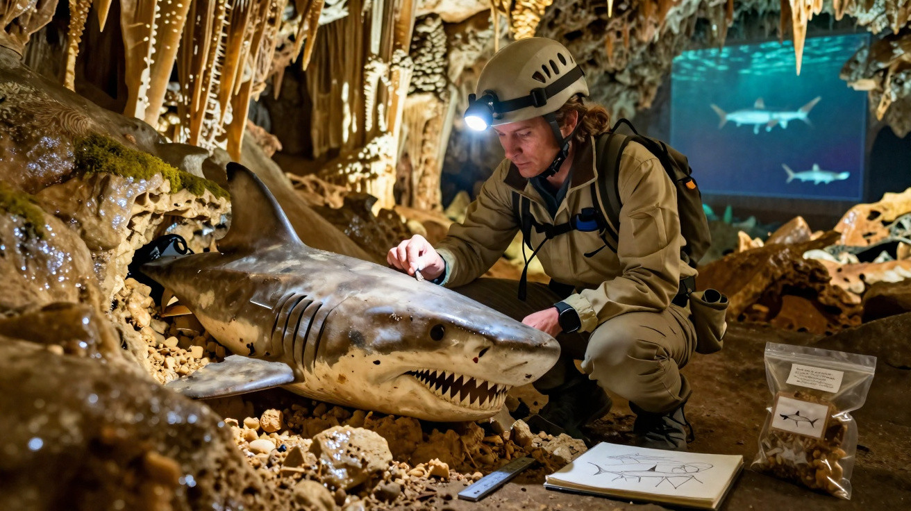Explorador com capacete e lanterna examina modelo de tubarão numa gruta com estalactites e desenhos científicos.