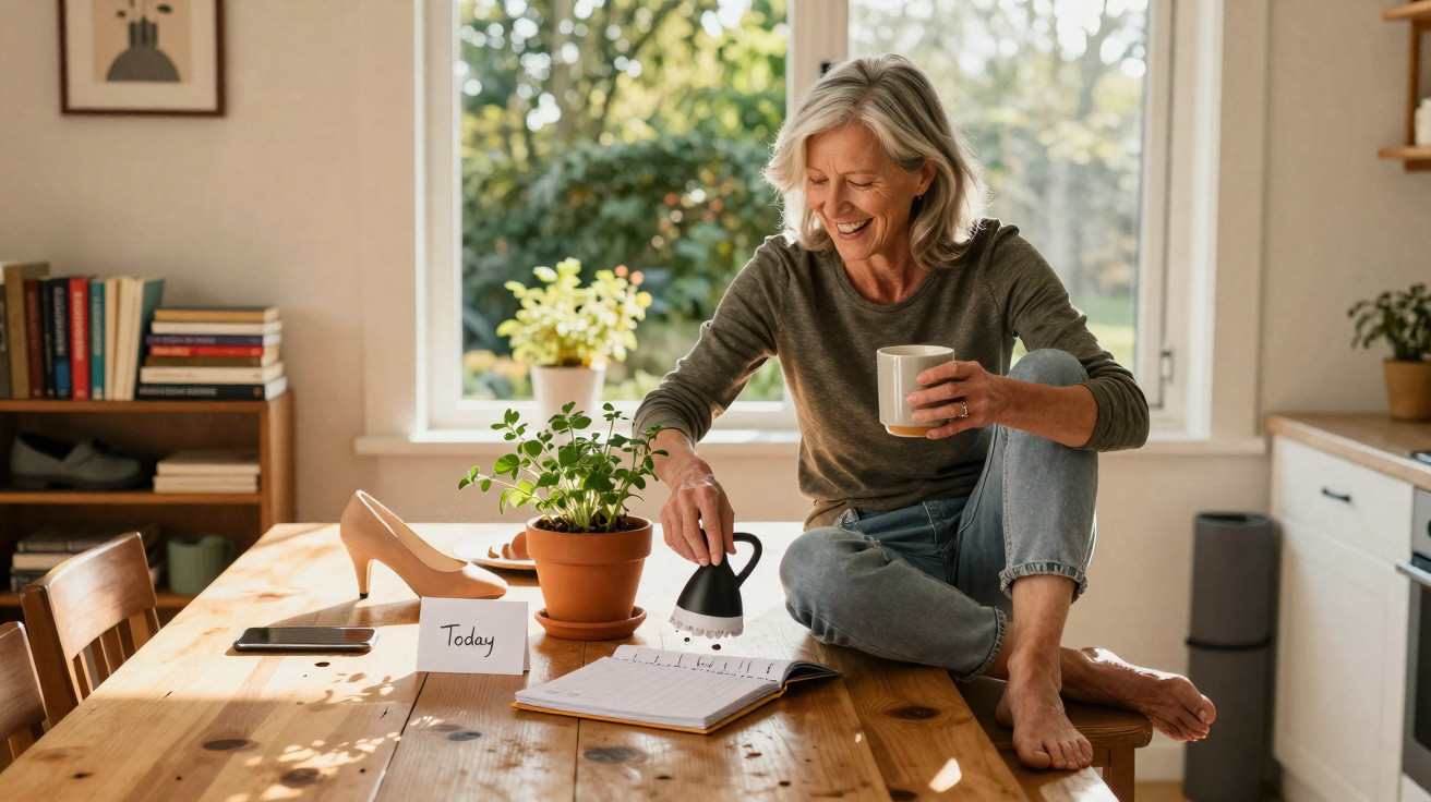Mulher sorridente rega planta na mesa de madeira com caneca, num ambiente iluminado e acolhedor.