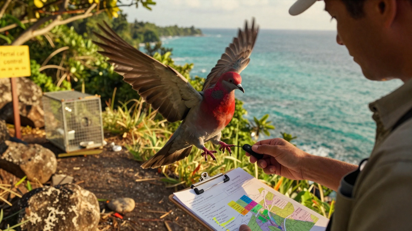 Pombo vermelho em voo prestes a pousar na mão de pessoa junto ao mar com prancheta e mapa.
