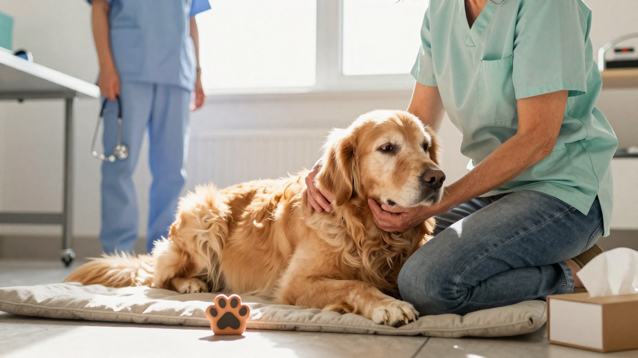 Cão golden retriever repousa num colchão com duas pessoas de uniforme médico numa clínica veterinária.