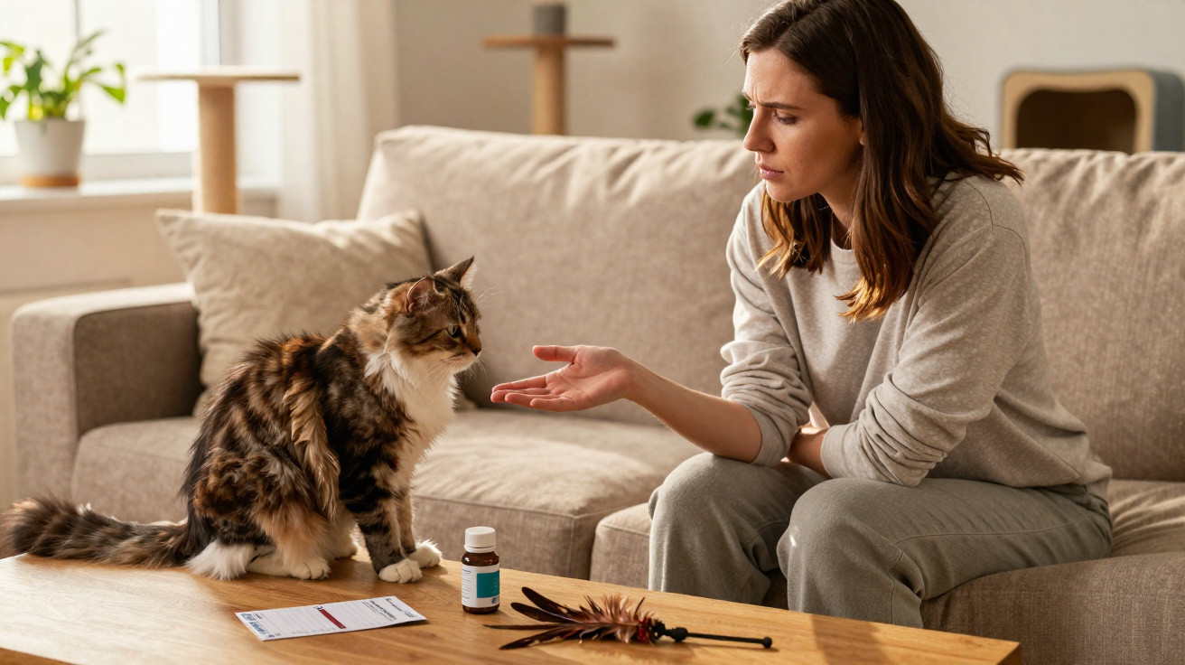 Mulher sentada no sofá, estende a mão para gato ao lado de medicamentos numa mesa de madeira.