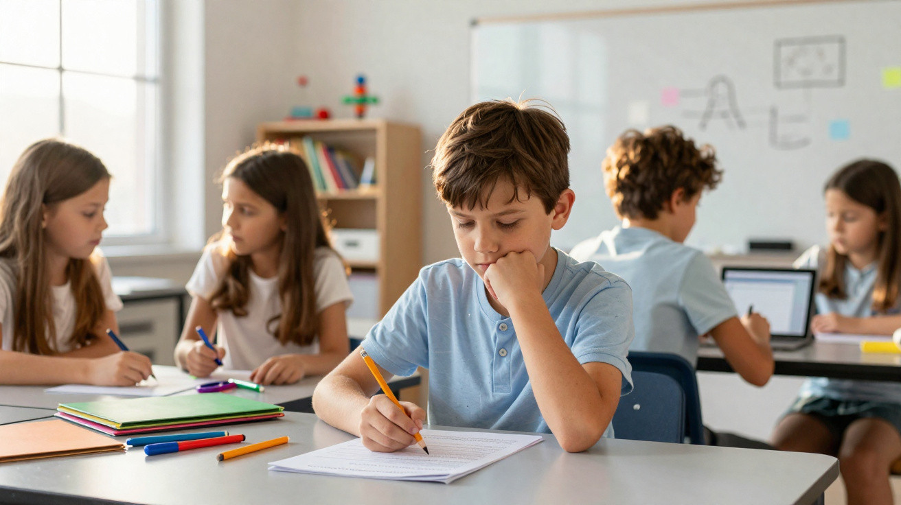 Crianças numa sala de aula a escrever e usar computador, concentradas nas suas tarefas escolares.