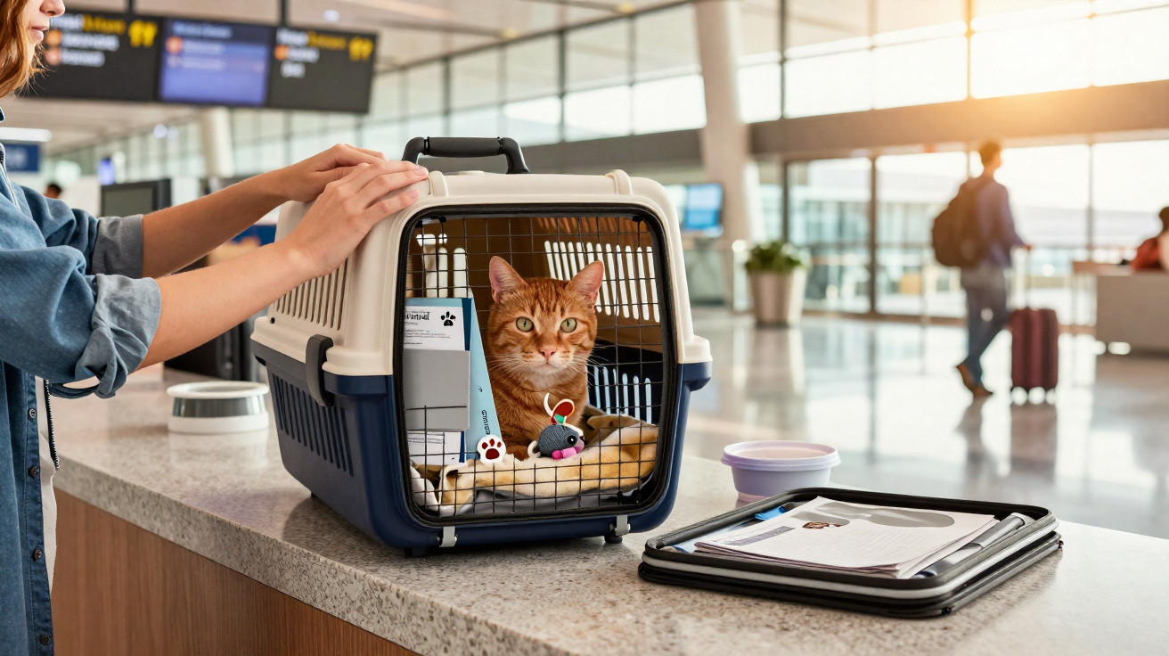 Gato dentro de transportadora de animais em balcão de aeroporto, com pessoa ao lado e mala ao fundo.